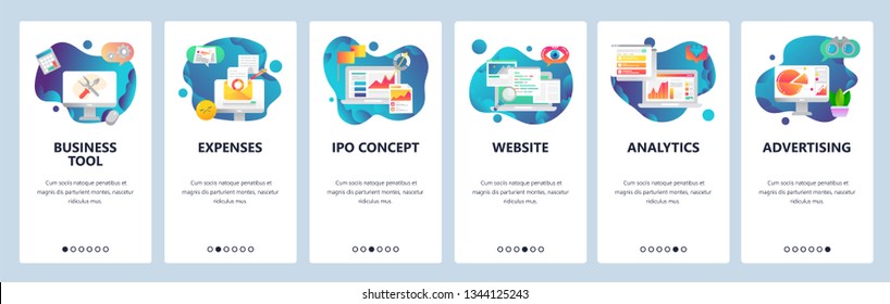 Web site onboarding screens. Financial report, business tools, analytics. Menu vector banner template for website and mobile app development. Modern design flat illustration