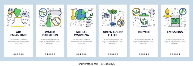 Web site onboarding screens. Global warming, environment pollution and waste recycle. Menu vector banner template for website and mobile app development. Modern design linear art flat illustration