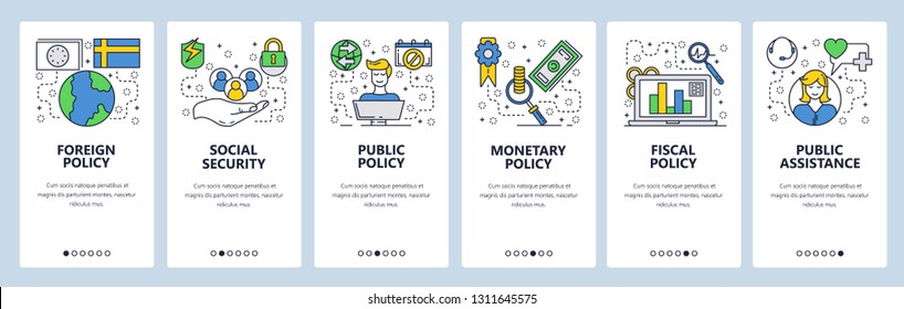 Web site onboarding screens. Government office policy and ministry. Menu vector banner template for website and mobile app development. Modern design linear art flat illustration