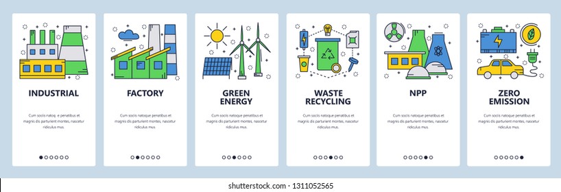 Web site onboarding screens. Green and renewable energy. Power station and zero emission. Menu vector banner template for website and mobile app development. Modern design linear art flat illustration