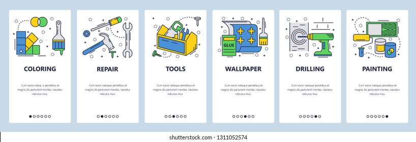 Web site onboarding screens. Hardware tools, house repair, wallpaper, painting. Menu vector banner template for website and mobile app development. Modern design linear art flat illustration