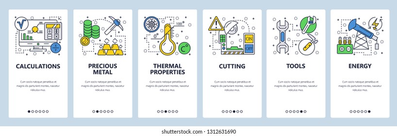 Web site onboarding screens. Hardware tools, precious metal, energy industry. Menu vector banner template for website and mobile app development. Modern design linear art flat illustration