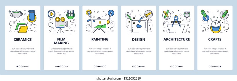 Web site onboarding screens. Hobby and art professions, ceramics, crafts, painting, design. Menu vector banner template for website and mobile app development. Design linear art flat illustration