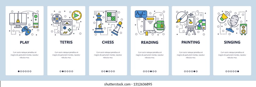 Web site onboarding screens. Hobby and leisure time, playing games, reading, painting, singing. Menu vector banner template for website and mobile app development. Design linear art flat illustration