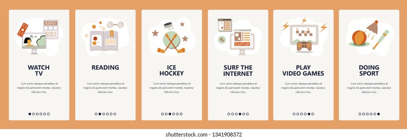 Web site onboarding screens. Hobby and leisure activity. Reading. playing games and watching TV. Menu vector banner template for website and mobile app development. Modern design flat illustration