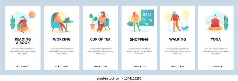 Web site onboarding screens. Hobby and leisure activity. Reading, walking, yoga, shopping. Menu vector banner template for website and mobile app development. Modern design flat illustration