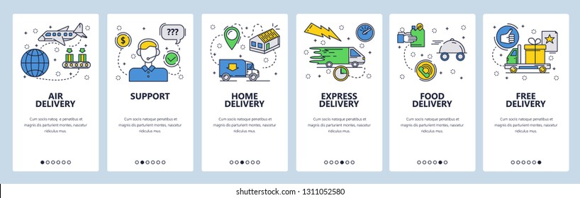 Web site onboarding screens. Home express and air delivery. Menu vector banner template for website and mobile app development. Modern design linear art flat illustration