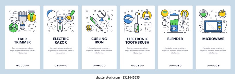 Web site onboarding screens. Home kitchen and bathroom appliances, trimmer, iron, blender, microwave. Menu vector banner template for website and mobile app development. linear art flat illustration