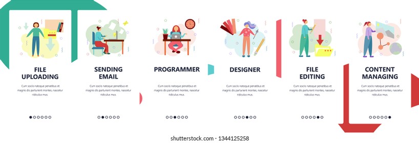 Web site onboarding screens. Home office, files downloading and editing, programming. Menu vector banner template for website and mobile app development. Modern design flat illustration