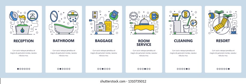 Web site onboarding screens. Hotel service, room cleaning, reception, cleaning. Menu vector banner template for website and mobile app development. Modern design linear art flat illustration