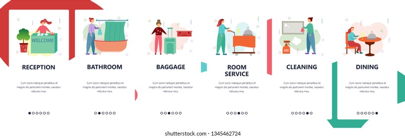 Web site onboarding screens. Hotel business, reception, room service. Menu vector banner template for website and mobile app development. Modern design flat illustration