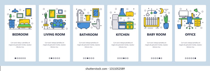 Web site onboarding screens. House interior, bedroom, living room, bathroom. Menu vector banner template for website and mobile app development. Modern design linear art flat illustration