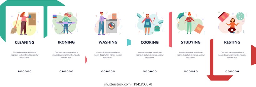 Web site onboarding screens. Housework, cleaning, washing, cooking. Menu vector banner template for website and mobile app development. Modern design flat illustration