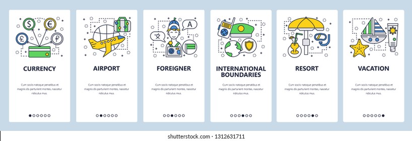 Web site onboarding screens. International travel and sea beach vacation. Menu vector banner template for website and mobile app development. Modern design linear art flat illustration