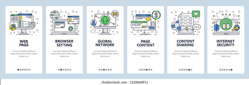 Web site onboarding screens. Internet browser, global network and content sharing. Menu vector banner template for website and mobile app development. Modern design linear art flat illustration