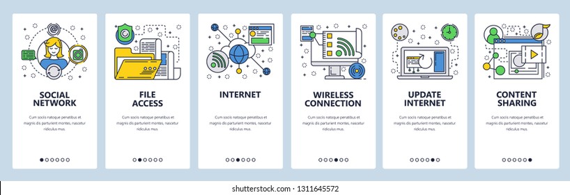 Web site onboarding screens. Internet and global network services. Wireless connection and document access. Menu vector banner template for website and mobile app development. illustration