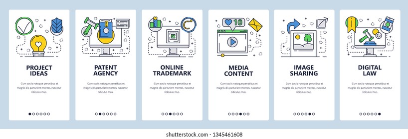 Web site onboarding screens. Internet services, copyright, media content and photo sharing. Menu vector banner template for website and mobile app development. Modern design flat illustration