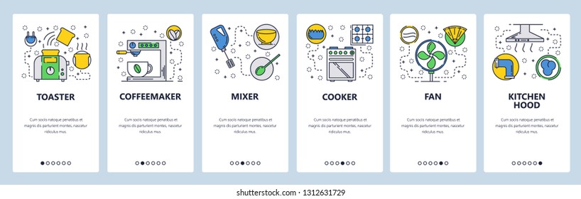 Web site onboarding screens. Kitchen and cooking appliance. Menu vector banner template for website and mobile app development. Modern design linear art flat illustration