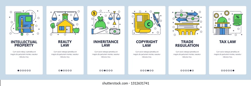 Web site onboarding screens. Law icons, copyright, intellectual property, trade, taxes and financial law. Menu vector banner template for website and mobile app development. 