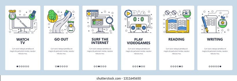 Web site onboarding screens. Leisure time, playing games, reading, watching TV. Menu vector banner template for website and mobile app development. Modern design linear art flat illustration