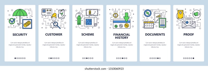 Web site onboarding screens. Loan interest rate, customer review. Menu vector banner template for website and mobile app development. Modern design linear art flat illustration