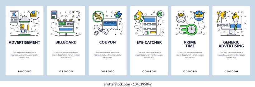 Web site onboarding screens. Marketing and advertising icons. Billboard, TV AD and online promotions. Menu vector banner template for website and mobile app development. Design flat illustration