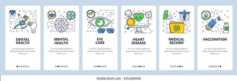 Web Site Onboarding Screens. Medical Checkup And Body Health, Vaccination And Medical Records. Menu Vector Banner Template For Website And Mobile App Development. Design Linear Art Flat Illustration