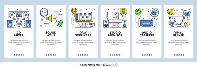 Web site onboarding screens. Music icons. Sound waves, studio and audio player. Menu vector banner template for website and mobile app development. Modern design linear art flat illustration