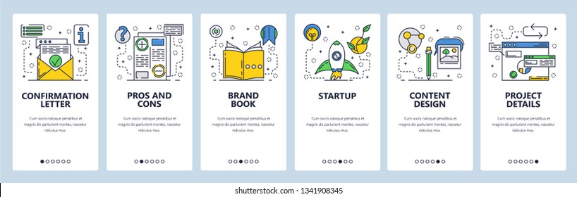 Web site onboarding screens. New project launch, pros and cons. Menu vector banner template for website and mobile app development. Modern design flat illustration