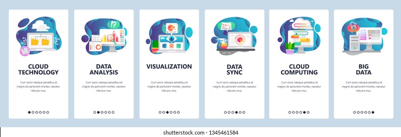 Web site onboarding screens. New technologies, cloud storage, big data analysis, cloud computing. Menu vector banner template for website and mobile app development. Modern design flat illustration