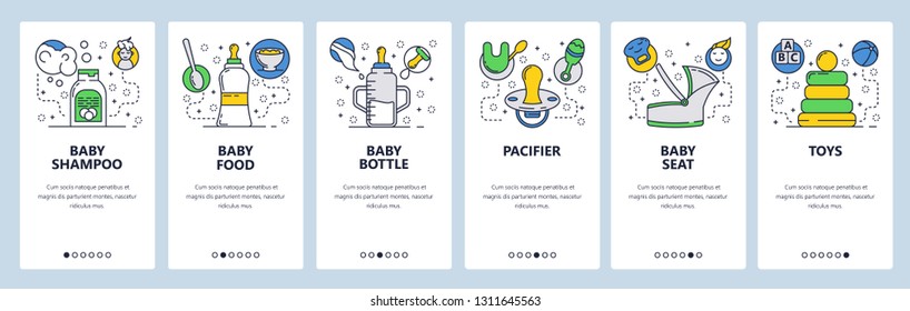 Web site onboarding screens. Nursing newborn baby. Infant food, bottle, toys. Menu vector banner template for website and mobile app development. Modern design linear art flat illustration