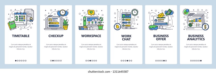 Web site onboarding screens. Office workplace, business analytics, deadline and work chat. Menu vector banner template for website and mobile app development. Design linear art flat illustration svg