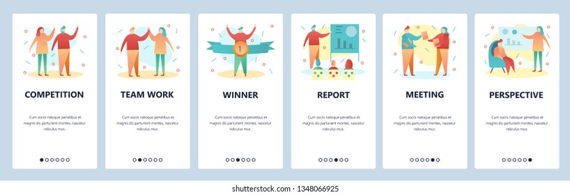 Web site onboarding screens. Office presentation, business meeting and team work. Menu vector banner template for website and mobile app development. Modern design flat illustration