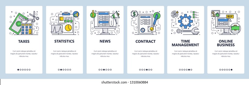 Web site onboarding screens. Online business, taxes, contract and news feed. Menu vector banner template for website and mobile app development. Modern design linear art flat illustration