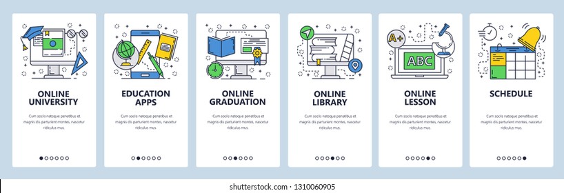 Web site onboarding screens. Online education, lesson and graduation. Menu vector banner template for website and mobile app development. Modern design linear art flat illustration