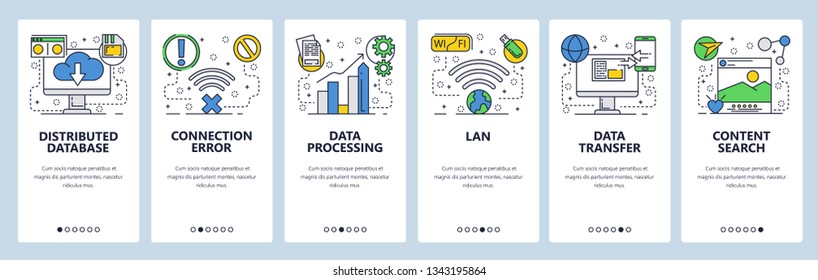 Web site onboarding screens. Online services, distributed database, cloud storage, wireless networks and data transfer. Menu vector banner template for website and mobile app development. Illustration