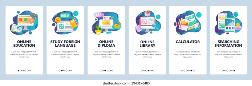 Web site onboarding screens. Online education. Digital internet tutorials and courses. Menu vector banner template for website and mobile app development. Modern design flat illustration