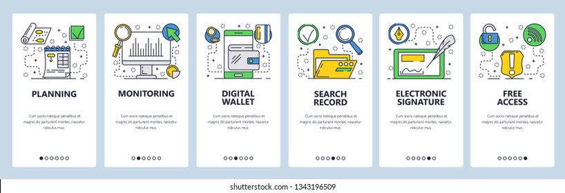 Web Site Onboarding Screens. Online Services, Electronic Signature, Digital Wallet. Menu Vector Banner Template For Website And Mobile App Development. Modern Design Flat Illustration