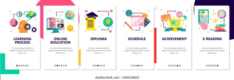 Web site onboarding screens. Online education and learning process. Menu vector banner template for website and mobile app development. Modern design flat illustration