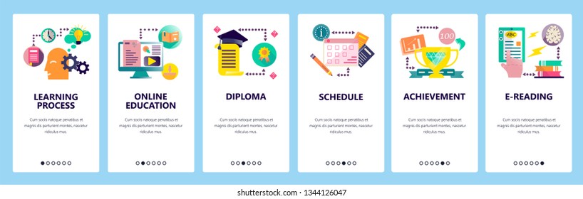 Web site onboarding screens. Online education and internet courses. Menu vector banner template for website and mobile app development. Modern design flat illustration