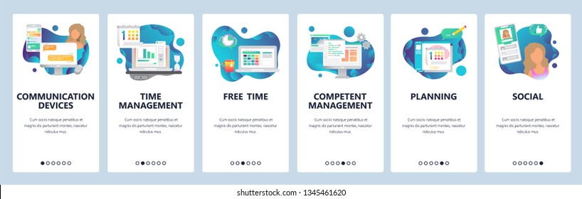 Web site onboarding screens. Online chat, dating, social media and time management. Menu vector banner template for website and mobile app development. Modern design flat illustration