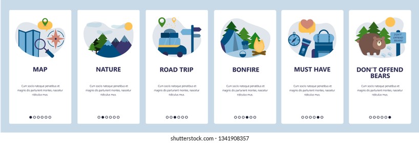 Web site onboarding screens. Outdoor travel, hiking and camping. Menu vector banner template for website and mobile app development. Modern design flat illustration