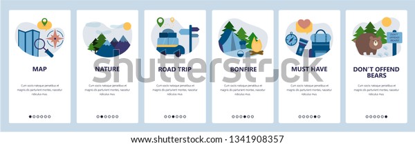 Web site onboarding\
screens. Outdoor travel, hiking and camping. Menu vector banner\
template for website and mobile app development. Modern design flat\
illustration
