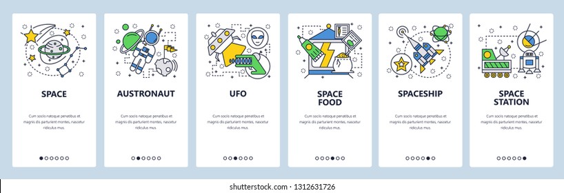 Web site onboarding screens. Outer space, planets, alines, space rocket launch. Menu vector banner template for website and mobile app development. Modern design linear art flat illustration