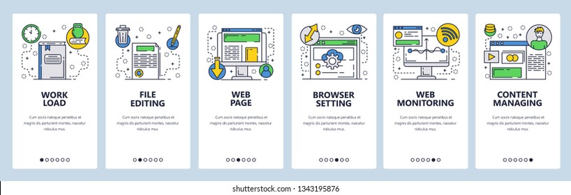 Web site onboarding screens. Web page content and internet monitoring. Computer online services. Menu vector banner template for website and mobile app development. Modern design flat illustration