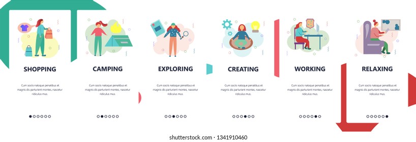 Web site onboarding screens. People activity. Shopping, camping, reading, wotking. Menu vector banner template for website and mobile app development. Modern design flat illustration