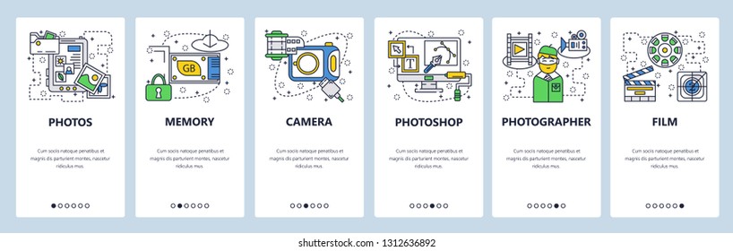 Web site onboarding screens. Photo camera, memory card, photos editing software. Menu vector banner template for website and mobile app development. Modern design linear art flat illustration