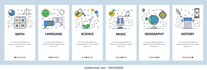 Web site onboarding screens. School education subjects. Math, science, language, history. Menu vector banner template for website and mobile app development. Modern design flat illustration