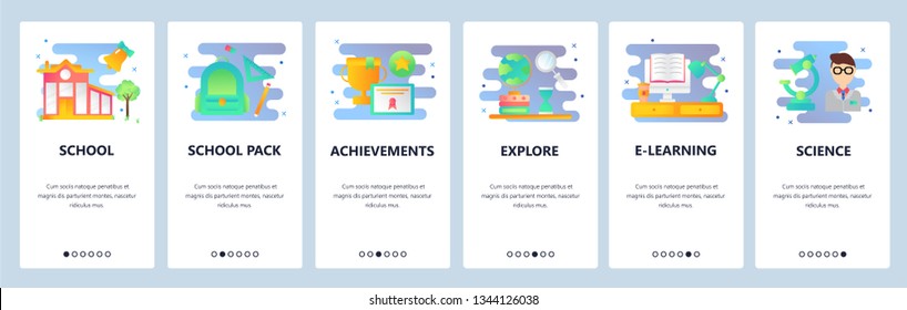 Web site onboarding screens. School education, science and e-learning. Menu vector banner template for website and mobile app development. Modern design flat illustration