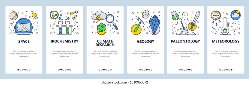 Web site onboarding screens. Science and space exploration. Chemistry, weather, geology, meteorology. Menu vector banner template for website and mobile app development. Design linear art flat 